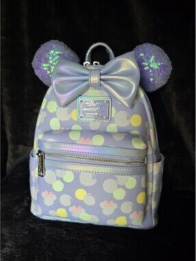 Loungefly Disney Minnie Mouse Mini Backpack Iridescent Purple Sequin Ears Bow